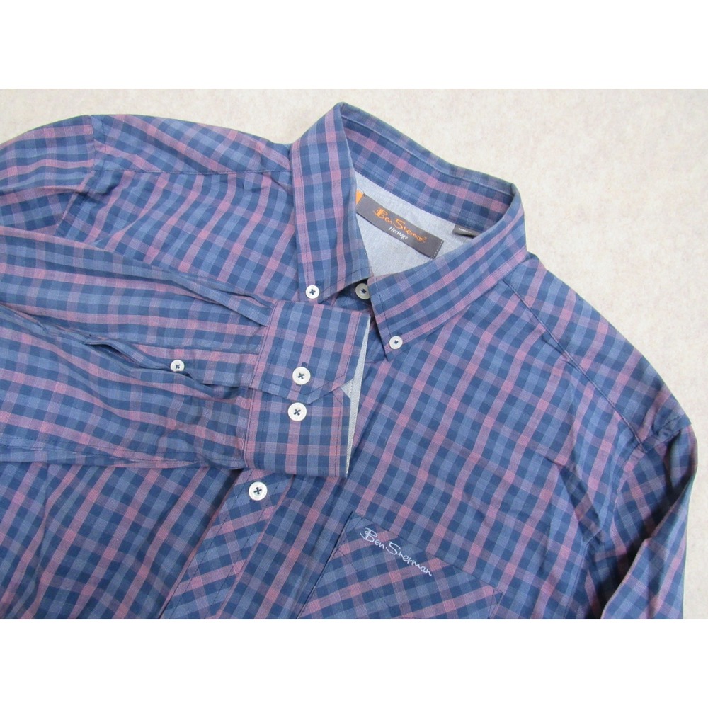 Ben Sherman Heritage Union Fit Blue Purple Gingham Button Down Shirt Mens Large